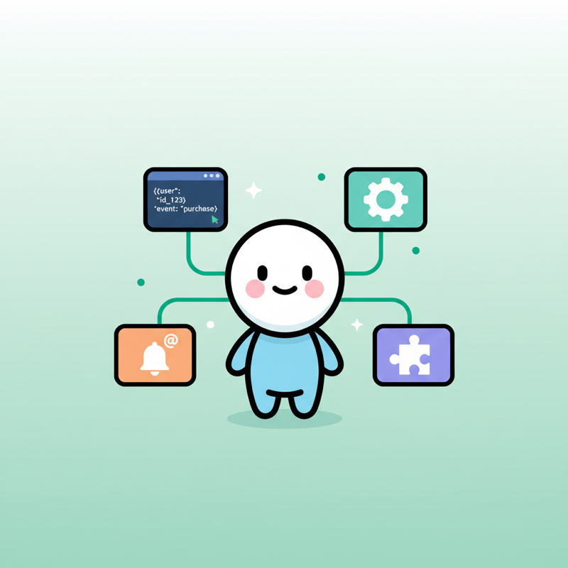 Personaje toon conectado a 4 pantallas flotantes mostrando terminal JSON, configuracion, webhook y puzzle de integraciones con lineas emerald