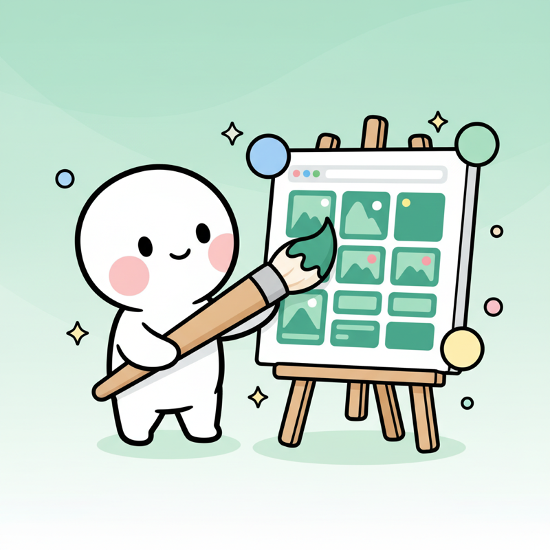 Personaje toon pintando un catalogo web en un caballete con pincel emerald, mostrando un grid de productos con swatches de colores flotando alrededor