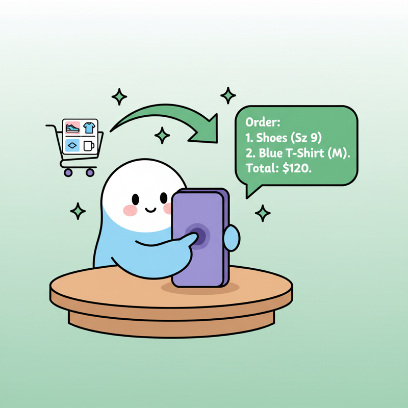 Personaje toon enviando un pedido por WhatsApp: carrito de compras con productos fluyendo hacia un chat con el mensaje de orden formateado